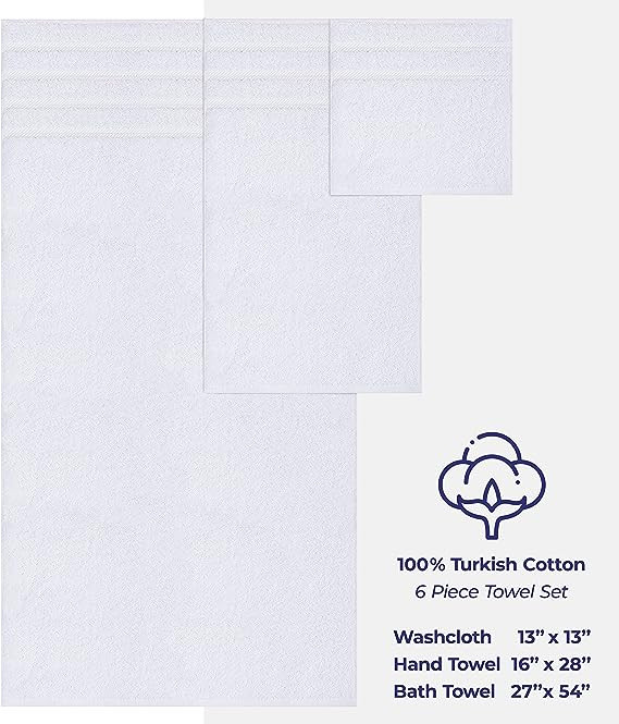 Towel Set Luxury Hotel Quality 600 GSM 100% Genuine Combed Cotton, Super Soft &amp; Absorbent Family Bath Towels 6 Piece Set - 2 Bath Towels, 2 Hand Towels, 2 Washcloths - Bright White