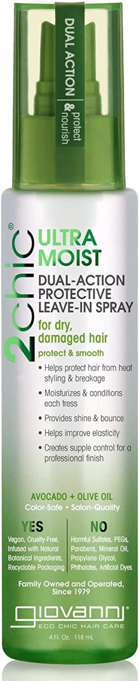 Giovanni 2Chic Ultra-Moist Dual Action Protective Leave-In Spray, 4 Oz. - Protects From Heat Styling Breakage, Avocado &amp; Olive Oil, Aloe Vera, Shea Butter, Botanical Extracts, No Parabens, Color Safe