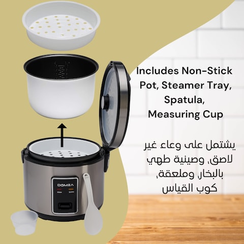 DOMEA&reg; 2-in-1 Electric Rice Cooker, 1.8 L Capacity, Non-Stick Cooking Pot With Food Steamer Tray, Spatula &amp; Measuring Cup,Stainless Steel Body, Warm/Cook Light Functions, KC143,700 Watts