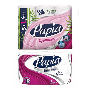 بابيا مناديل مطبخ - 6 بكرة + بابيا مناديل تواليت - 2 رول