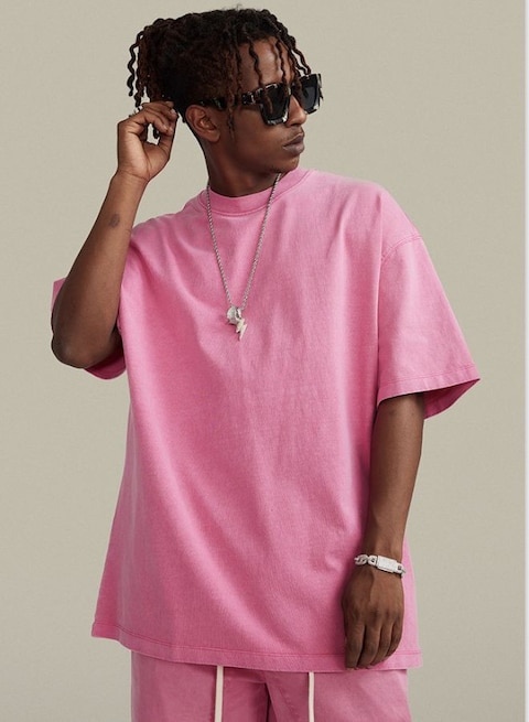 Mei Stylish Unisex Vintage Casual Loose Shoulder Oversize Crew Neck T-shirt, L Size, Pink