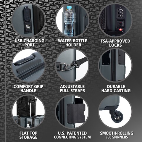 Tach V3 Hardcase Carry-on Luggage - 20 inch Spinner Suitcase With TSA Lock - 2 USB Charging Ports - Water Bottle Holder - Patented Built-In Connecting System - Easily Links 6 Bags - Dark Grey