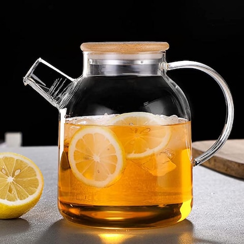 Glass Water Pitcher with Bamboo Lid,Borosilicate Glass Teapot for Hot/Cold Water，Glass Water Kettle Drinkware Jugs Carafes for Tea Tea Coffee Juice，Stovetop & Fridge Safe (1600ml/56 oz)