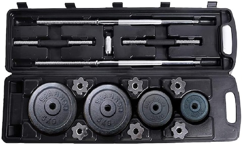 Sparnod Fitness 50kg Adjustable Dumbbell &amp; Barbell Weight Set Set with 4 Rods and 14 Plates - Dumbbells with Anti-slip Grip, Barbell rod &amp; Carry Case (SD-50)