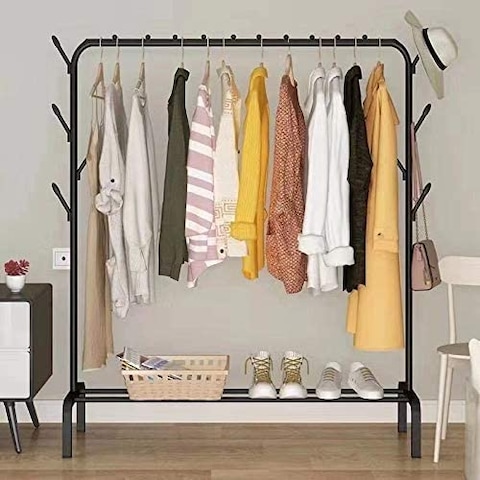 Cloth rack cloth stand Clothes Hanger Stand Clothes Dryer Rail with 8pcs Branch Hook Bottom Storage 110cm Length Large Space for Shoes Clothes Jacket Umbrella Hats Scarf Handbags