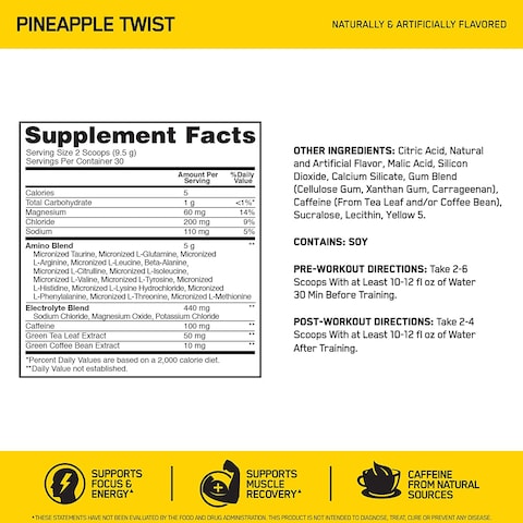 Optimum Nutrition Essential Amino Energy Plus Electrolytes Pineapple Twist, 30 Servings, 285G