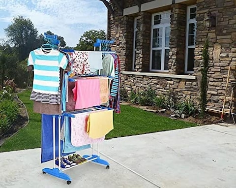 Three Tier Movable Foldable Steel Cloth Drying Stand with Wheels Laundry Rack Stand