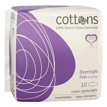 Cottons 100% Natural Coversheet Overnight  Pads With Wings 10 Count