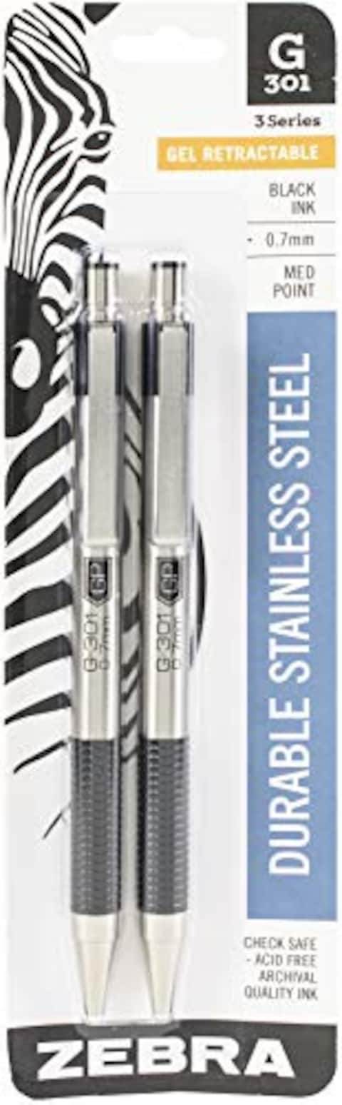 Zebra Pen G 301 Retractable Gel Ink Pen  Stainless Steel Barrel  Medium Point  0 7mm  Black Ink  2 Pack