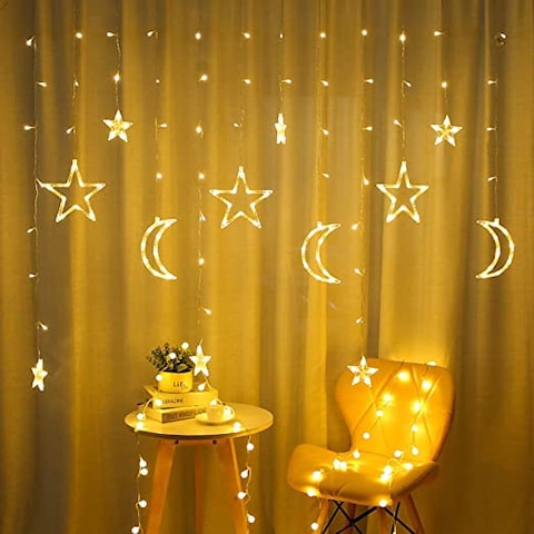 String Lights Moon Fairy String Lights Solar Powered Outdoor Curtain Window Lights Twinkle LED Star Lights for Backyard Garden Patio Home Party Holiday Ramadan Decoration (Warm light)