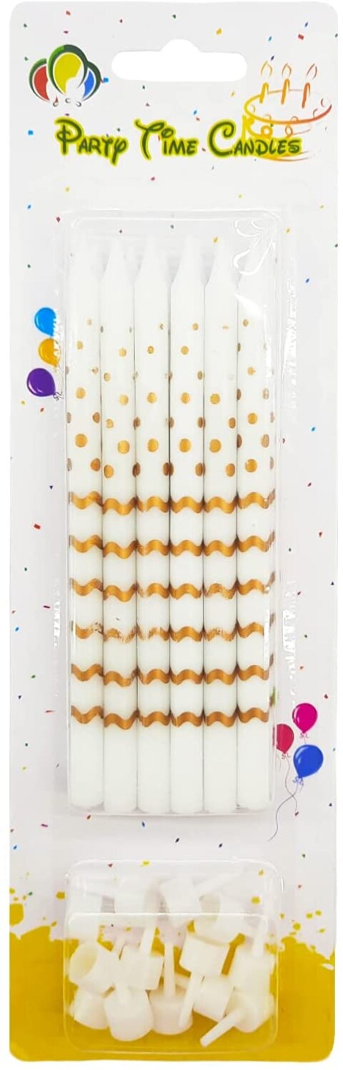 Party Time 12-Pieces 5inch Gold Polka and Stripes Birthday Candles, Candle for Wedding, Bridal Shower, Baby Shower, Birthday Cake Decoration - Cake Topper