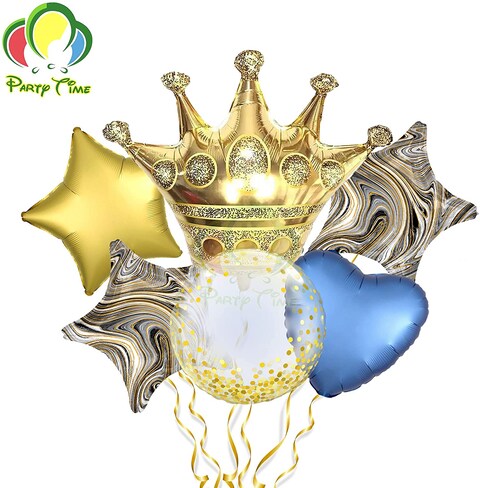 Party Time 6-Pieces Gold Crown Foil Balloon Set with Marble Star Foil Balloon Polkadots Balloon For Wedding Bridal Shower Birthday Party Balloon Decoration - Party Supplies