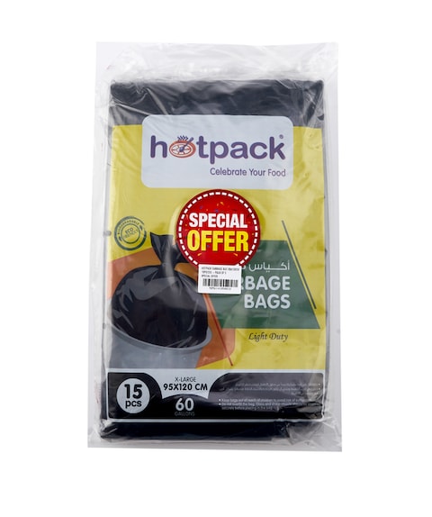 Hotpack Black Garbage Bag 60 Gallon, 95x120cm X-Large, 15 Pieces each Pack, Pack of 3 Offer