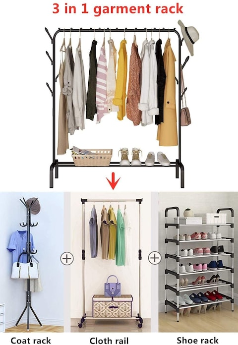 Cloth rack cloth stand Clothes Hanger Stand Clothes Dryer Rail with 8pcs Branch Hook Bottom Storage 110cm Length Large Space for Shoes Clothes Jacket Umbrella Hats Scarf Handbags