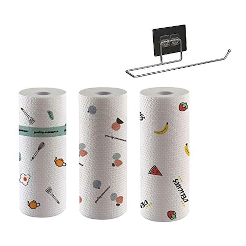 3 Rolls Disposable Cleaning Towel with Wall-mount Holder Cartoon Printed Kitchen Dish Cleaning Towel Reusable Non-Woven Fabric Dish Cloth 9.84 * 9.84in