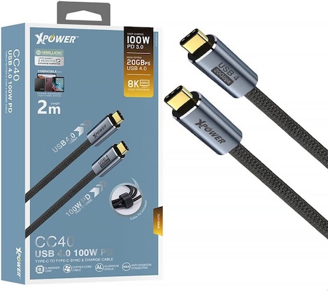 Xpower USB 4 Cable [2 Meter]  100W PD 3.0 Fast Charging 20Gbps Data Transfer 8K Video 60 Hz USB-C with e-marker chip for Smart Phone / Macbook / iPad / Hard Drive - USB4 2M