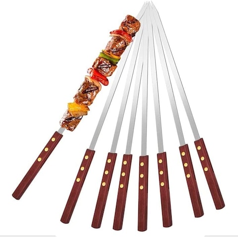 Skewers for Kabobs, Stainless Steel Kebab Long Skewers for BBQ Reusable with Wood Handle (6 Pcs)