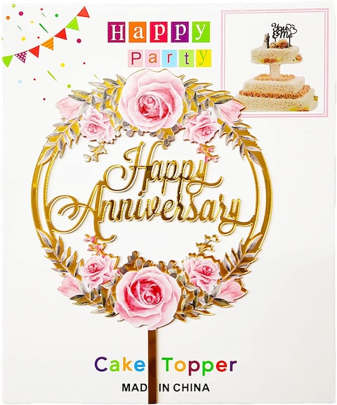 Party Time Round Floral Design Acrylic Golden Color Happy Anniversary Cake Topper for Anniversary Decoration/Happy Anniversary Cake Decoration Item - Cake Topper