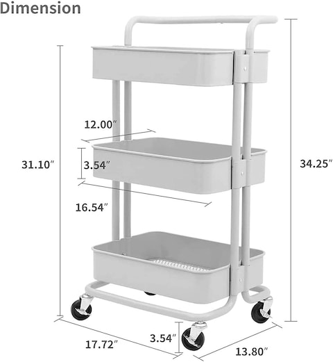 3-Tier Rolling Utility Carts Trolley Storage Cart with Handle Multifunctional Organization Cart with Brake Caster Wheels Kitchen Shelf Multifunctional Storage Rack with Net Basket Mass (White) Brand: