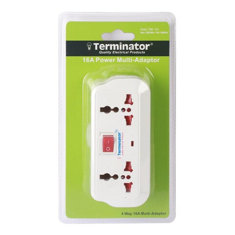 Terminator Multi Adaptor Universal 2 Pin Schuko Plug 16A With Switch 2 Way 3 Pin Spocket + 2 Way 2 Pin Socket Model: TMA 310