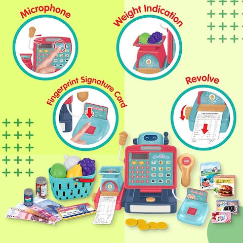 Fitto supermarket cash register for kids, Supermarket Pretend Play with Shopping Basket, Toy Cash Money with Working Calculator, microphone, credit card for Boy Girls aged 3+, Blue and Red