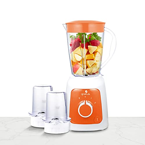 GRATUS 350Watts BLENDER, Big 1650 ml Jar + 2 Grinder Jars, 2 Speeds + Pulse + Turbo options, 1 year brand warranty - GBG3503TFC (Orange)