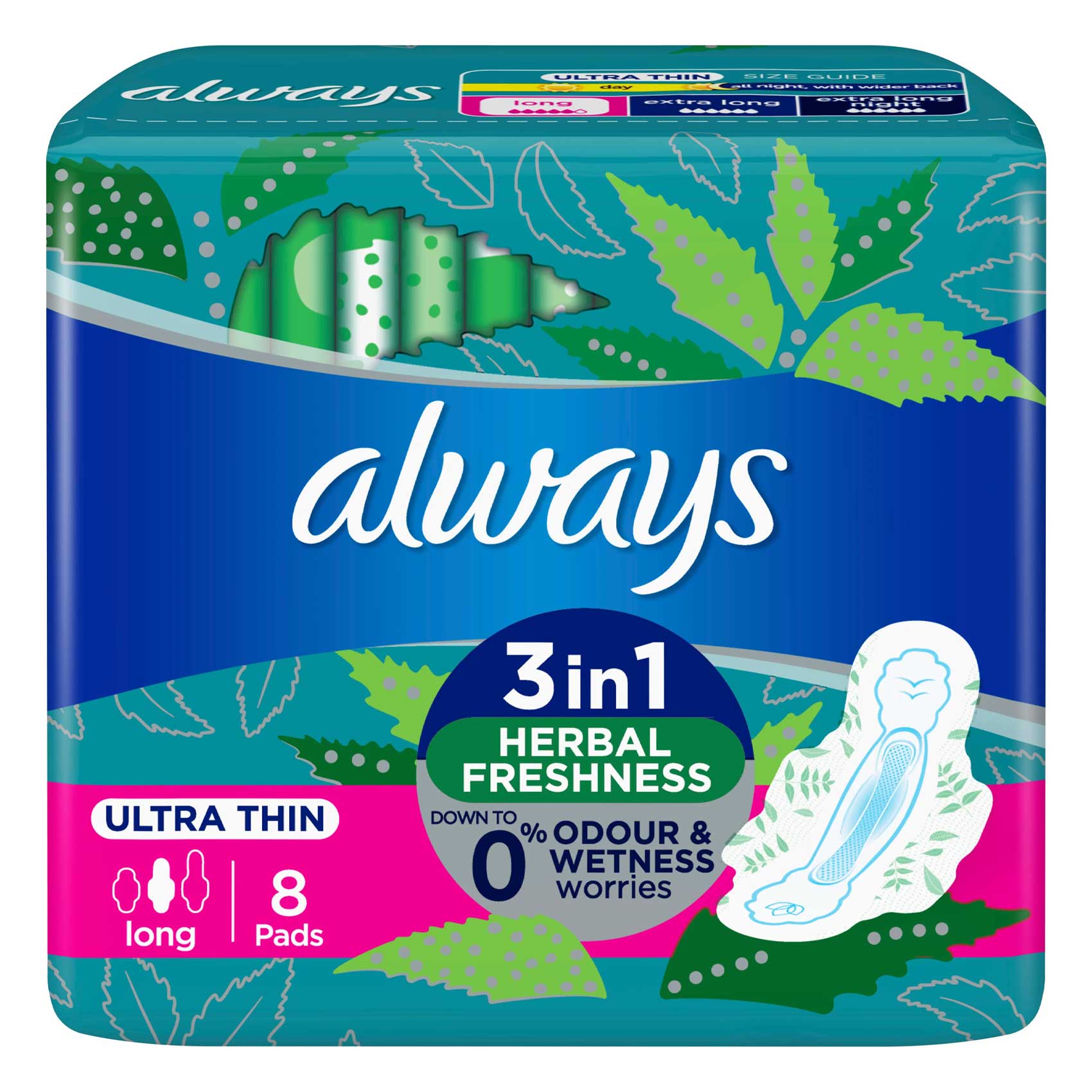 Always Ladies Pads 3 In 1 Herbal Freshness Ultra Thin Long 8 Pads