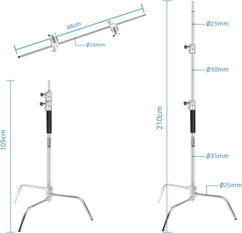 COOPIC Create Cool Pictures 3 Pack C Stand Stainless Steel 210cm Max Height With 88cm Holding Arm And 2 Pieces Grip Head For Video Reflector Monolight And Photography