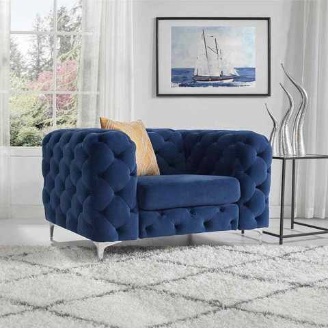 Simple Velvet fabric sofa, the body of the sofa is botton tufted sofa for living room (blue)