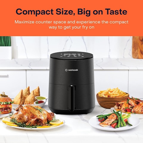 Nutricook Air Fryer Mini, 1500 Watts, Digital Display, Tempered Glass Control Panel, 8 Preset Programs with built-in Preheat function, 3.3 Liters NC-AFM033K, Black