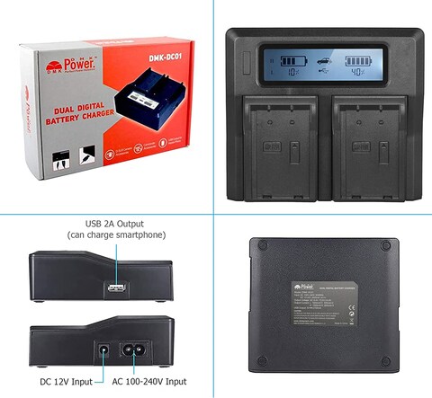 DMK Power DC-01 Dual LCD Battery Charger Compatible with Fujifilm NP-T125 and Fuji GFX 50S, GFX 50R, GFX 100, and VG-GFX1 Grip