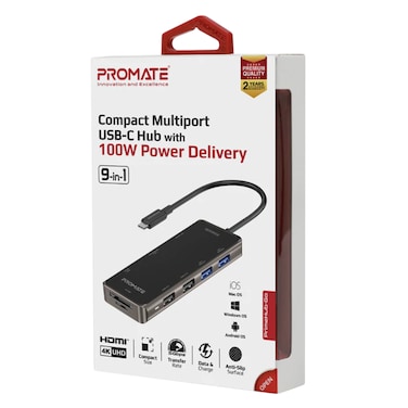 Promate HDMI 4K UHD 9 In 1 Compact Multiport USB-C Hub 100W Black