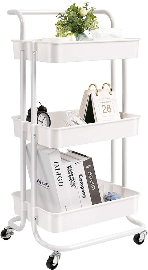 3-Tier Rolling Utility Carts Trolley Storage Cart with Handle Multifunctional Organization Cart with Brake Caster Wheels Kitchen Shelf Multifunctional Storage Rack with Net Basket Mass (White) Brand: