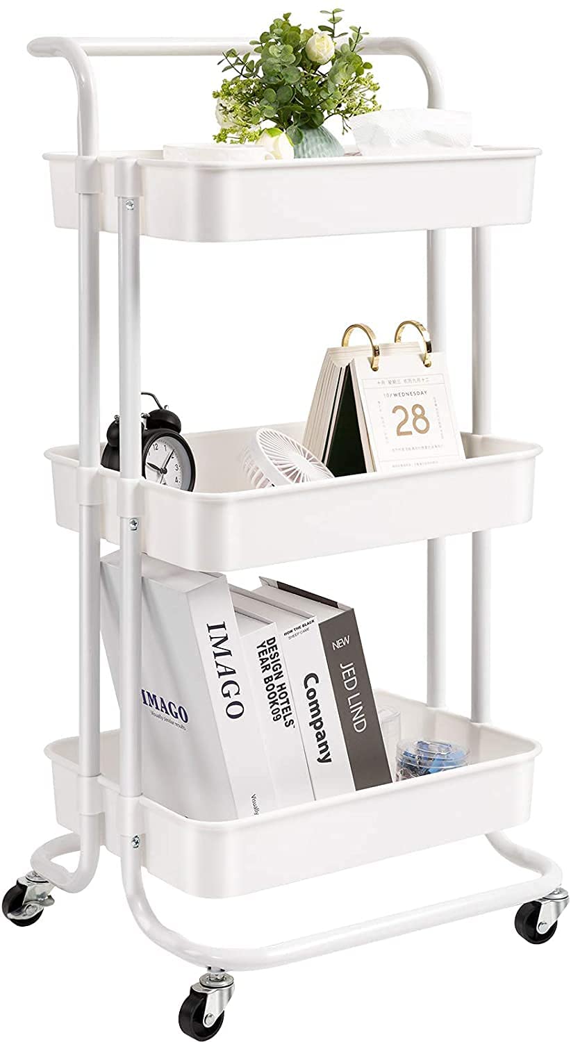 3-Tier Rolling Utility Carts Trolley Storage Cart with Handle Multifunctional Organization Cart with Brake Caster Wheels Kitchen Shelf Multifunctional Storage Rack with Net Basket Mass (White) Brand: