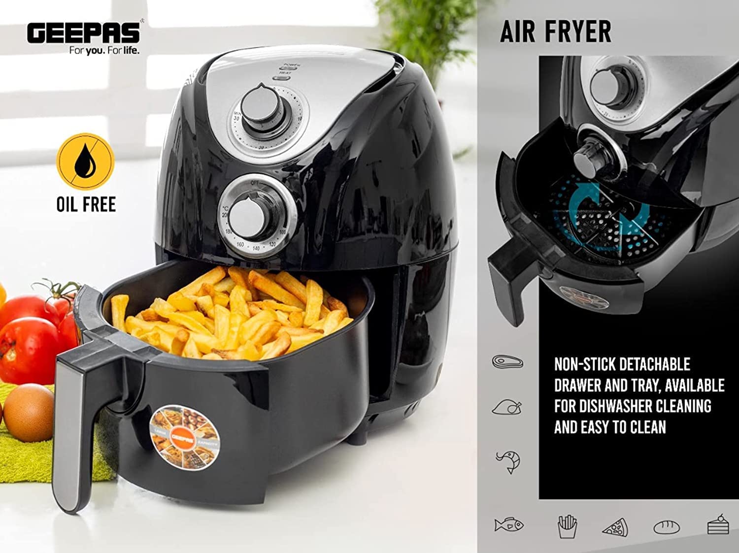 Geepas Gaf37521, 1300W Air Fryer With Rapid Air Circulation System, 2.5L Capacity, Black