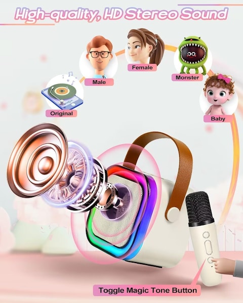 Fitto Karaoke Machine, Wireless Microphone, Portable, For Adults & Kids, BT, RGB Lights, Expandable 64G TF Card, Type-C, Aux-in, For Party
