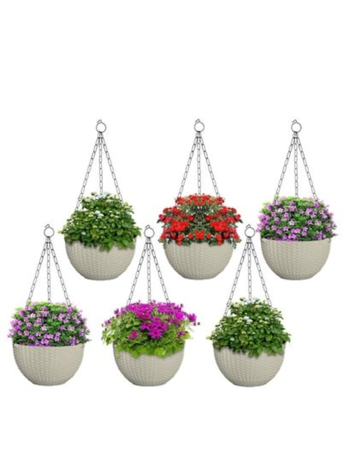 vsell24&nbsp;6Pc Round Hanging Flower Pot With Drainage Hole For Indoor Outdoor Balcony Garden Pots White 25X16Cm