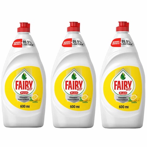 Fairy Plus Lemon Dishwashing Liquid Soap With Alternative Power To Bleach 600ml Pack of 3