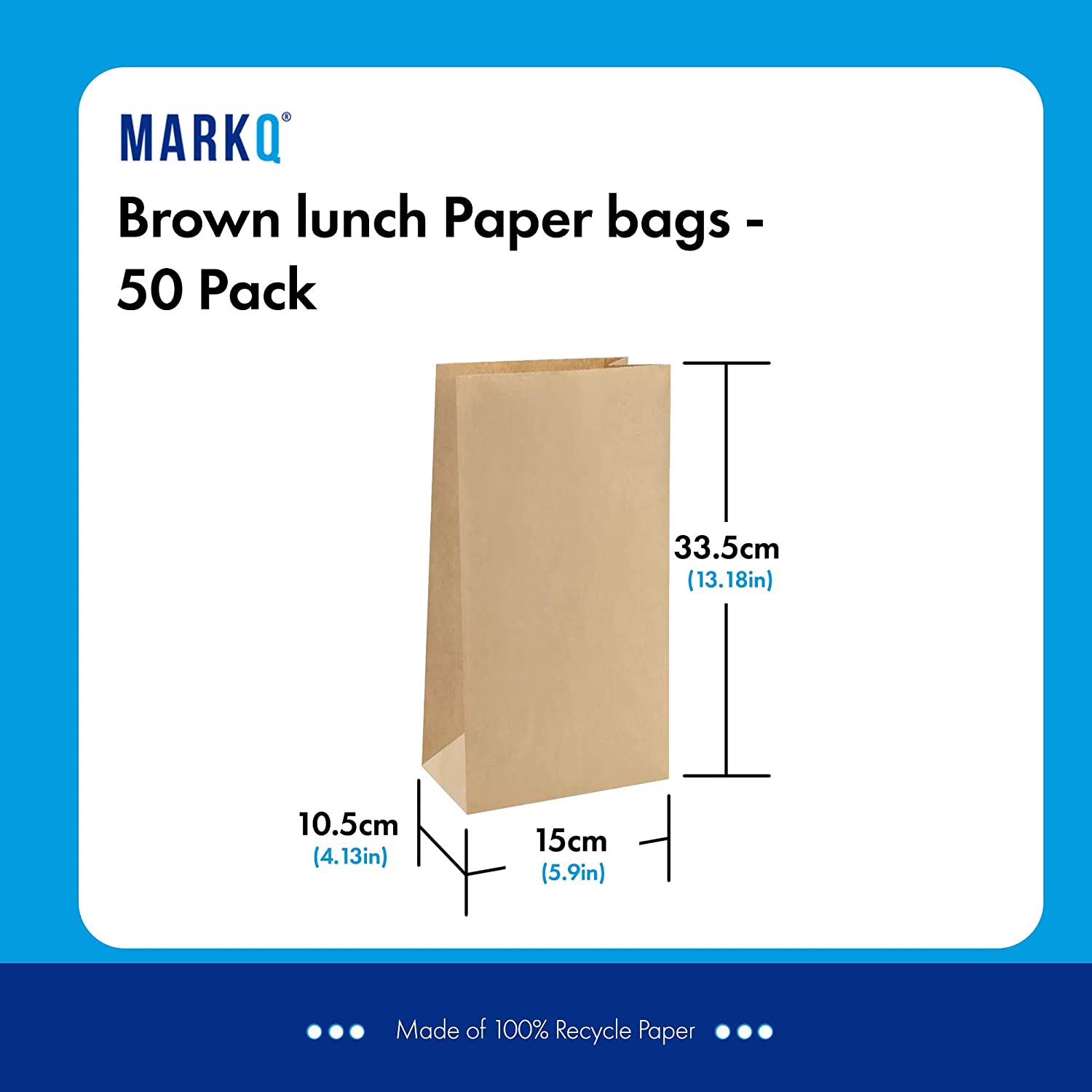 Markq [50 Bags] Kraft Brown Large Paper Bags - Recyclable Lunch Bags- Cookies Bags, Grocery Bags, Wedding Gift Bags, Party bags, 33.50 x 15 x 10.5 CM