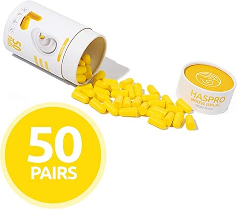 HASPRO [50 PAIRS] Eco-Friendly Bulk Pack, Ultra Soft Foam Earplugs in GIGA Tube with Carry Case, Best Earplugs for Noise Canceling, Snoring, Work, DIY, Noise Reduction SNR 38dB (Yellow)