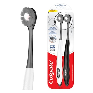 كولغيت فوم سوفت فرشاة أسنان بالفحم فائقة الكثافة رقيقة وناعمة - متعدد الألوان 2 قطع