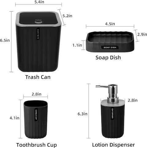 Generic Bathroom Accessory Set - 4 Piece Bathroom Accessories Set with Trash Can, Soap Dish, Soap Dispenser, Toothbrush Cup, Bathroom Decor Sets With Desktop Small Trash Can - Black Stripe