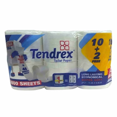 Tendrex 2 Ply Mega Toilet Paper Rolls 4800 Sheets 10 + 2 Count Free