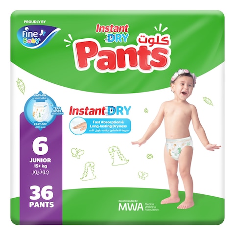 Fine Instant Dry Baby Diapers Pants Junior Size 6 15kg+ 36 Pants