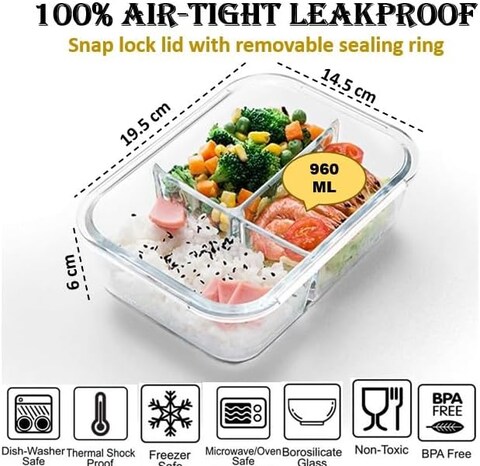 Atraux 3 Compartments Airtight Glass Food Storage Containers, Meal Prep Lunchboxes With Green Lids - 960ml (Pack Of 6)