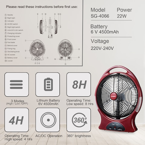 STARGOLD Rechargeable Fan 12 Inch AC/DC Oscillating Fan 22W With 8Pcs Super Bright LED Light