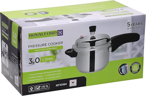 Royalford Rf10184 3.0Ltr Stainless Steel Pressure Cooker - Portable Cool Touch Handle With Steam Vent Ideal For Rice, Meat, &amp; More, Multi