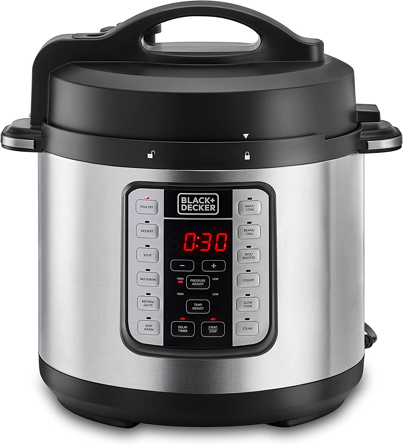 Black+Decker Smart Steam Pot, 1000W, 7 in 1, 6.0 L, Smart Programmable Electric Pressure Cooker, Black/Silver - PCP1000-B5