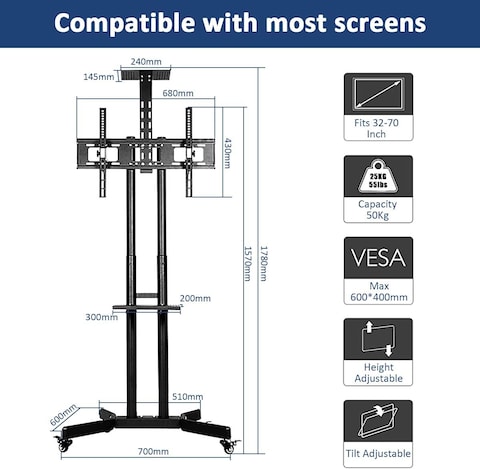 Mobile TV Stand Rolling TV Cart,Floor TV Stand Trolley for 32&rdquo; to 70&rdquo; LCD LED Flat Curved Screen Tilt Height Adjustable TV Stand Mounted with Wheels 2 Media...