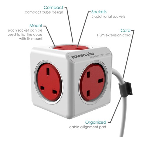 Allocacoc PowerCube Extended 5 Way Wall Socket Adapter 3m White/Red